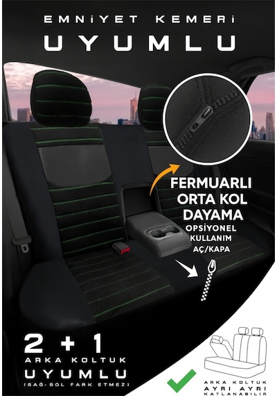 Mitsubishi Space Star Hatcback Diğer 2013-2018 Uy Tegin Pulse Serisi Raşel Siyah Yeşil Koltuk Kılıfı