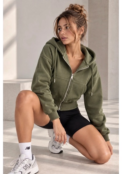 Bb Butik Basic Kapüşonlu Fermuarlı Kısa Kadın Sweatshirt Günlük Basic Model My3535 Haki