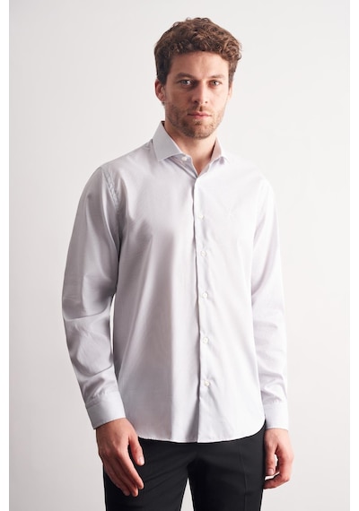 İmza Beyaz - Gri Yarım İtalyan Yaka Çizgili Desen Uzun Kol Premium Slim Fit %100 Pamuk Gömlek 1004255191 Beyaz - Gri