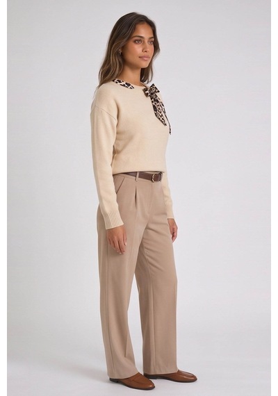 Fashion Friends Yaka Aksesuarlı Bej Kadın Kazak 26k0255k1