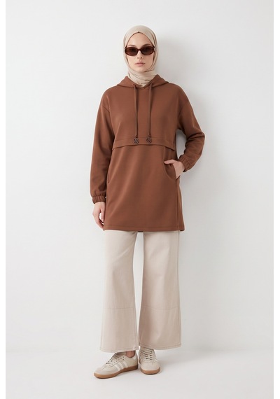 Armine Trend Kapüşonlu Cep Detaylı Uzun Sweat Tunik Vizon 24kt454