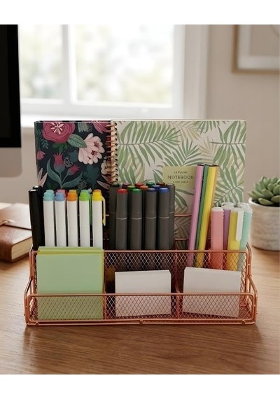 Rose Gold Metal Mesh Masaüstü Organizer Çok Bölmeli 27x14x11 Cm Genel