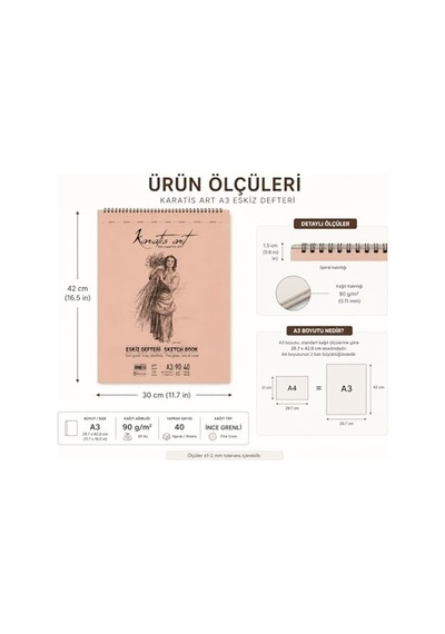 A3 Eskiz Defteri, 90 G/m² İnce Grenli Kağıt, 40 Yaprak Spiralli Sketchbook, Kurşun Kalem, Kömür Ve Pastel Çizimler İçin Uygun, Kolay Silinebilir, Perforeli Sayfalar, Profesyonel Ve Öğrenci Kullanımı İ