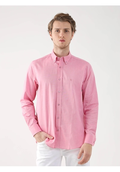 Dufy Pembe Erkek Regular Fit Brent Düğmeli Yaka Uzun Kol Gömlek - 94867 Pembe