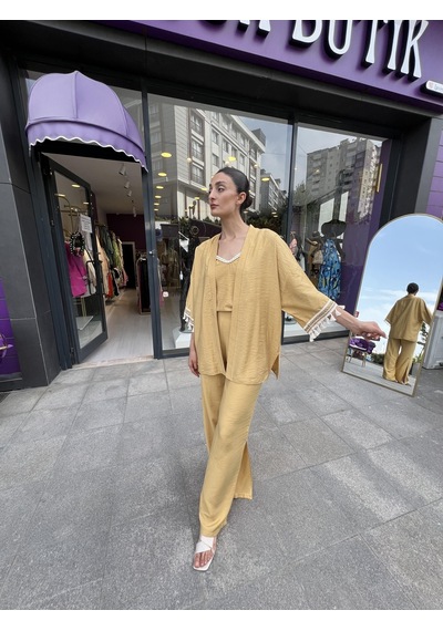 Kol Detaylı Salaş Keten Kimono Safran Sarısı-101 Bej