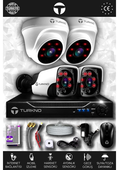 Turkno 4 Kameralı Pania 2 İç Kamera Set HDD'siz Full HD Gece Görüşlü Güvenlik Kamerası Sistemi