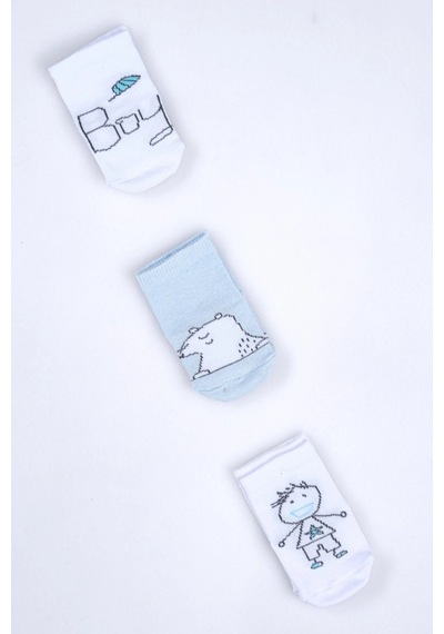 Cocole Socks Erkek Bebek Soket Çorabı 3 Lü Set Pamuklu Mavi Ayıcık & Çocuk Figür Desenli Çok Renkli