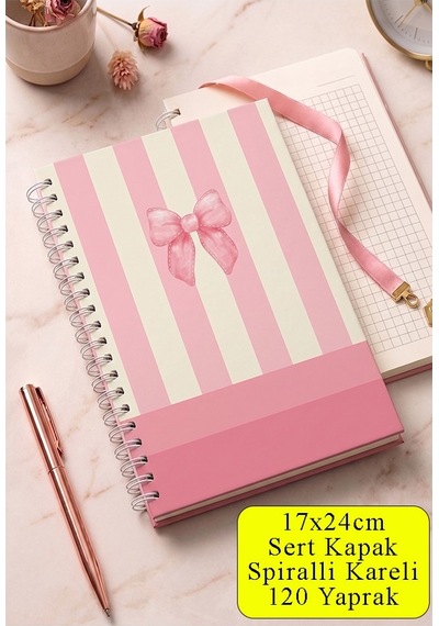 Pembe Sert Kapak Spiralli Kareli Defter 17x24cm 120 Yaprak 1 Adet Not Defteri Okul Büro Ofis Defteri Sarı