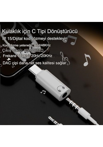Ayrex Type C To 3.5mm Dac Kulaklık Dönüştürücü İphone 15 Ve Type C Telefon İle Uyumlu Çevirici Otgax