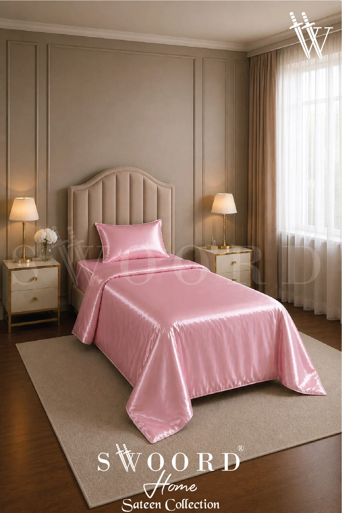 Tek Kişilik Saten Nevresim Takımı 3lü Tam Set +  Saten Saç Tokası Pembe