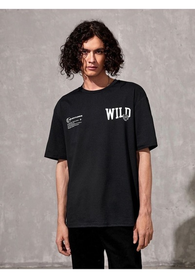Altamira Unisex Siyah Wild Göğüs Baskılı Oversize Tshirt 001