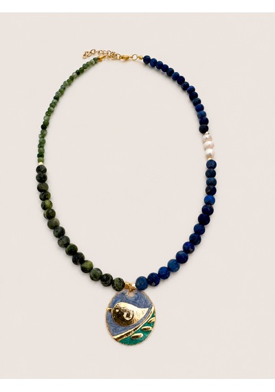 El Yapımı Aaa Kalite Lapis Lazuli, Yeşim Taşı Ve Tatlı Su İncili Kolye Mavi - Yeşil