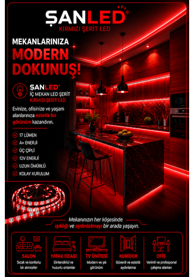 3 Çipli Şerit Led Kırmızı Renk 12v 5 Metre