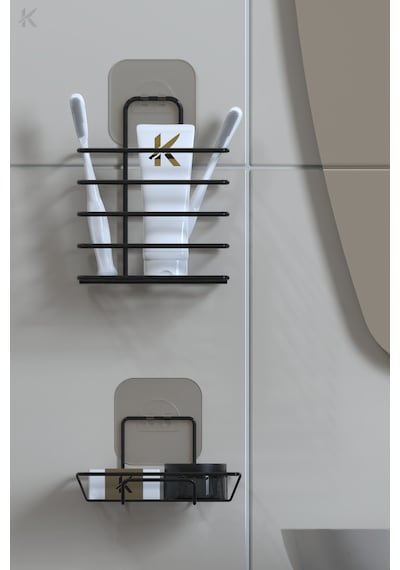 Karteya Paslanmaz Yapışkanlı Siyah Metal Banyo Rafı Düzenleyici 4'lü Set Kancalı Duş Rafı Sabunluk Rafı Siyah