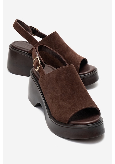 Luvishoes Power Kahverengi Süet Hakiki Deri Kadın Dolgu Topuklu Sandalet Kahverengi