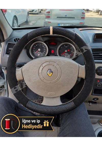 Renault Kangoo 2 Dikme Direksiyon Kılıfı Alcantara Süet Mat Karbon Bej Yüzük Ve Dikiş 2008-2012 Siyah