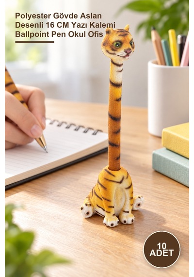 10 Adet Tükenmez Kalem Polyester Gövde Aslan Desenli 16 Cm Yazı Kalemi Ballpoint Pen Okul Ofis 1