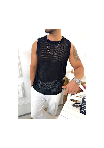 T-shirt Nefes Alabilen Terletmez Pamuklu Fileli Tişört Oversize Tshirt Sıfır Kol Tişört Siyah