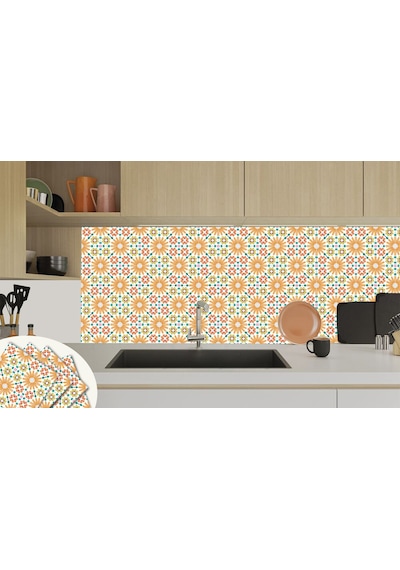 Tink KENDİNDEN YAPIŞKANLI TURUNCU ÇİÇEK BAHÇESİ DESENLİ PVC KARO 30X3