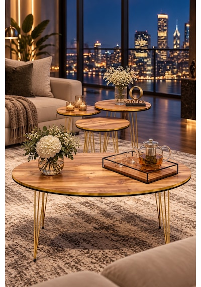 Odera Çift Ceviz Elips Orta Sehpa Ve Yuvarlak Zigon Sehpa 4'lü Set Metal Tel Ayaklı Modern Retro Salon Sehpası Diğer