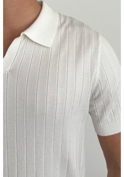Tarz Cool Erkek Slim Fit Fitilli Polo Yaka Triko T-shirt Beyaz