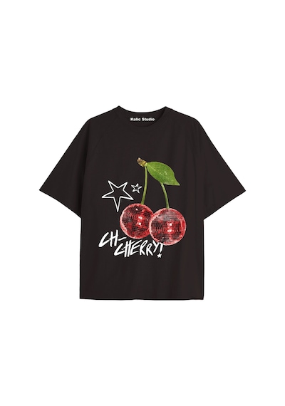 Kalic Studio Y2k Vintage Cherry Baskılı Siyah T-shirt Kod 97 Siyah-97