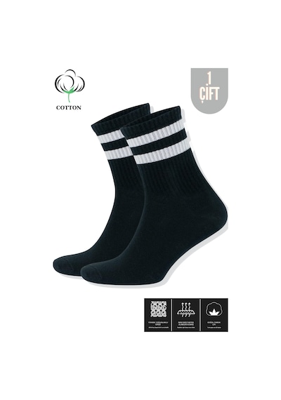 Kral Socks Erkek Kadın 12 Çift Çizgili Kolej Tenis Çorabı Pamuklu Terletmez Çorap Siyah