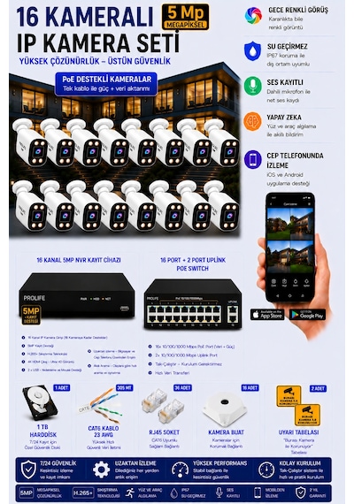 16 Kameralı 5 Mp Ip Kamera Seti Poeli Gece Renkli Ses Kayıtlı Yapay Zeka Destekli Tak-çalıştır Kuruluma Hazır Sistem
