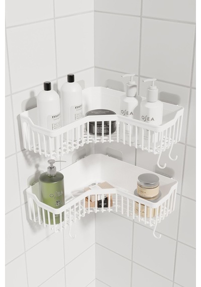 Ata Home Banyor Köşe Yapışkanlı Banyo Rafı, 2'li Banyo Düzenleyic Beyaz