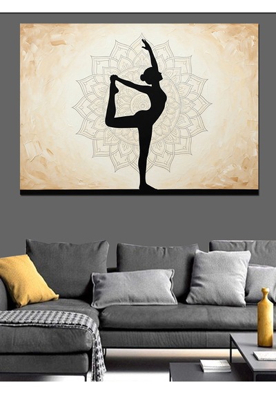 Yoga Yapan Kadın Silüeti Lotus Deseni Arka Plan Dekoratif Kanvas - Mdf Ahşap Tablo