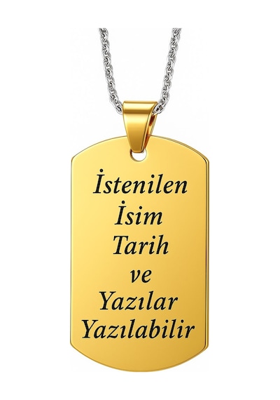 Kişiye Özel İsim Tarih Yazı Yazılı Asker Künyesi Çelik Erkek Bayan Kolye Eck60 Sarı
