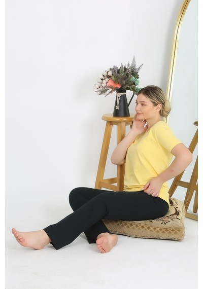Akbeniz Kadın Kısa Kol Pamuk Penye Pijama Takım Sarı 4215-sarı Sarı