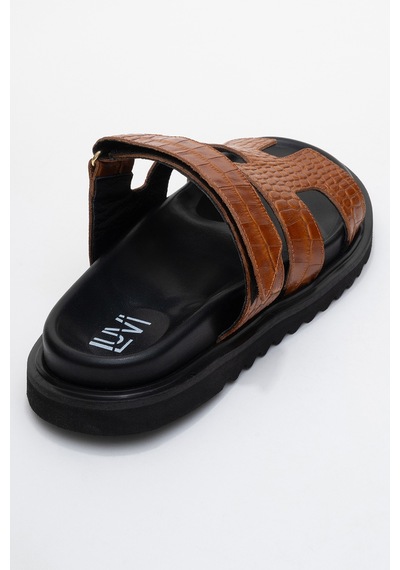 Luvishoes Luvi Shoes Loana Taba Baskı Hakiki Deri Kadın Terlik Taba