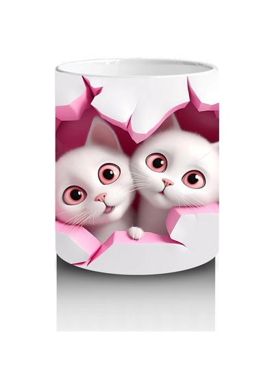 Pembe Kalplerle Süslenmiş Tatlı Kedi Çifti Baskılı Kahve Kupası Renkli