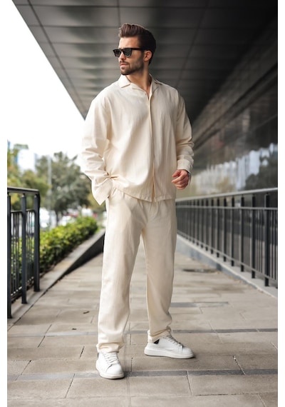 Madmext Ekru Düğmeli Basic Erkek Gömlek Pantolon Takım E7335 Ekru