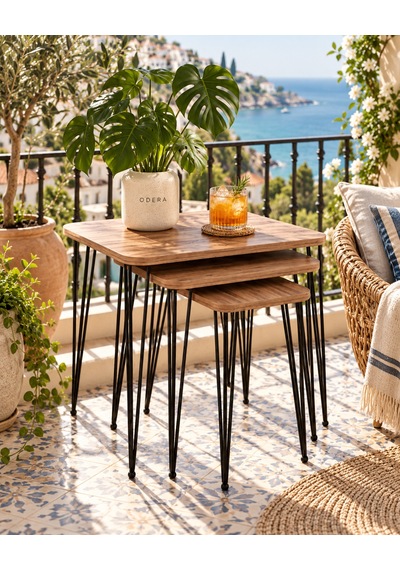 Odera Ceviz Tel Zigon Sehpa 3'lü Set Metal Ayaklı Modern Retro Salon Sehpası Diğer