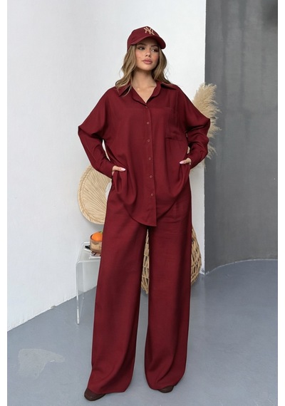 Balenbi Oversize Gömlek Bol Paça Pantolonlu Rahat Kesim Kadın İkili Takım 1201 Bordo