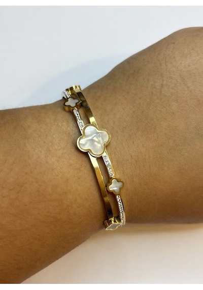 Kadın Beyaz Yonca Ve Taş Model Çelik Bilezik Gold