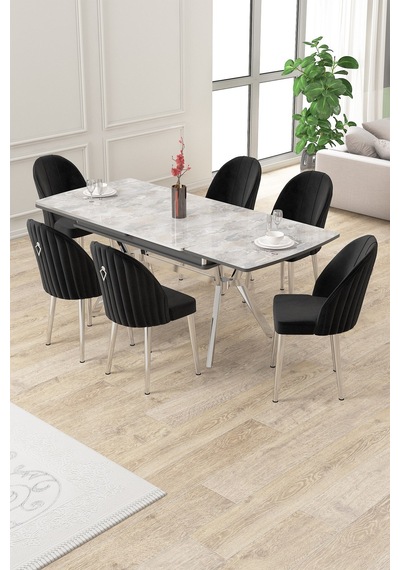 Canisa Sim Serisi 89x150 Açılabilir Lak Panel Rampla Gri Krom Ayak Masa Takımı Ve 6 Siyah Sandalye Masa Rampla Gri Sandalye Siyah Krom Ayak Canisa Sim Serisi 89x150 Açılabilir Lak Panel Rampla Gri Krom Ayak Masa Takımı Ve 6 Siyah Sandalye Masa Rampla Gri Sandalye Siyah Krom Ayak