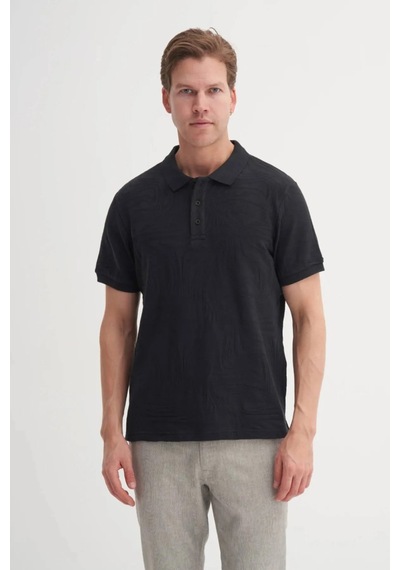 Cazador Polo Yaka Regular Fit Örme Dalga Desenli Tişört Siyah