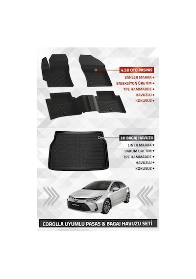 Toyota Corolla Sedan 2019-2025 Uyumlu Liner Marka 3d Bagaj Havuzu + Sahler 4.5d Havuzlu Oto Paspas