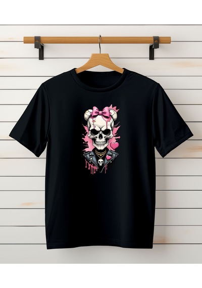 Aselinda Kuru Kafa Baskılı Bisiklet Yaka Pamuklu T-shirt Siyah