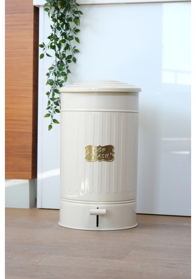 Metal Kapaklı Krem Renk Galvaniz Metal Pedallı Çöp Kovası 30 Litre Ekru