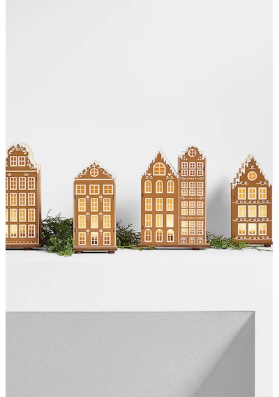 Crate & Barrel Led Gingerbread Holiday Village Set 4 Ahşap Aydınlatmalı Evler Yılbaşı Temalı Yılbaşı Dekorları