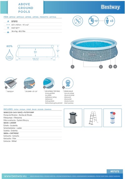 Bestway 57372 Fast Set Çember Şişme Havuz Seti 4,57 M X 1,07 M Mavi - Beyaz