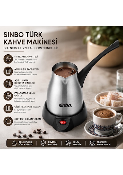 Çelik Elektrikli Cezve Türk Kahve Makinesi - 5fincan 400ml 360 Kablosuz Kullanım Katlanır Kulp 700w Scm-2967