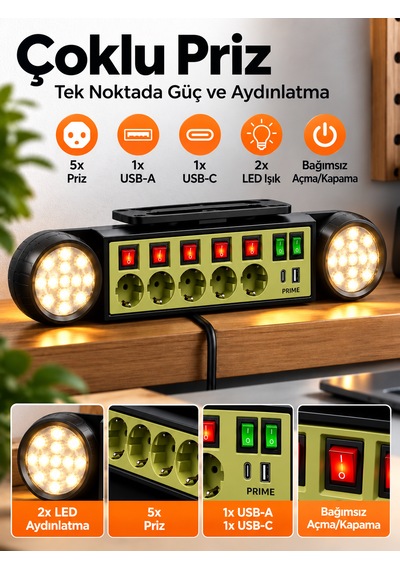 5'li Akım Korumalı Priz 1 Usb 1 Type-c 2 Led Işıklı 2m Kablolu Anahtarlı Güç İstasyonu 0 - 2 M