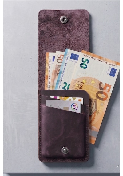 Luvo %100 Gerçek Deri El Yapımı 3 Bölmeli 9 Kart Kapasiteli Cüzdan Premium Kompakt Kartlık Mor