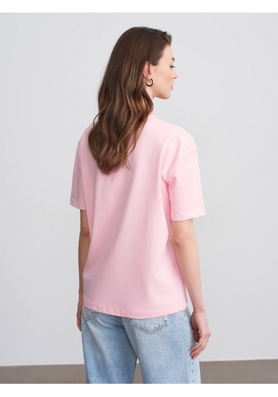 Dilvin 30312 Pamuk Dekoratif Dikişli Bisiklet Yaka T-shirt-toz Pembe 36