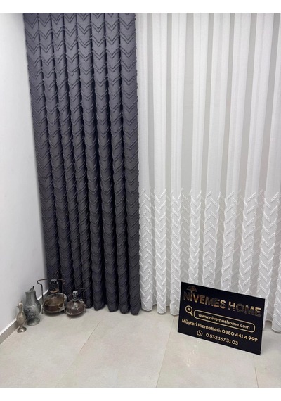 Nivemeshome Mayıs 1-027p Yarı Desen Ekru 1/3 Pileli Tül Perde